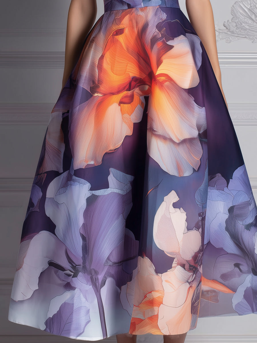 Spaghetti Strap Abstract Floral Structured A-Line Midi Dress