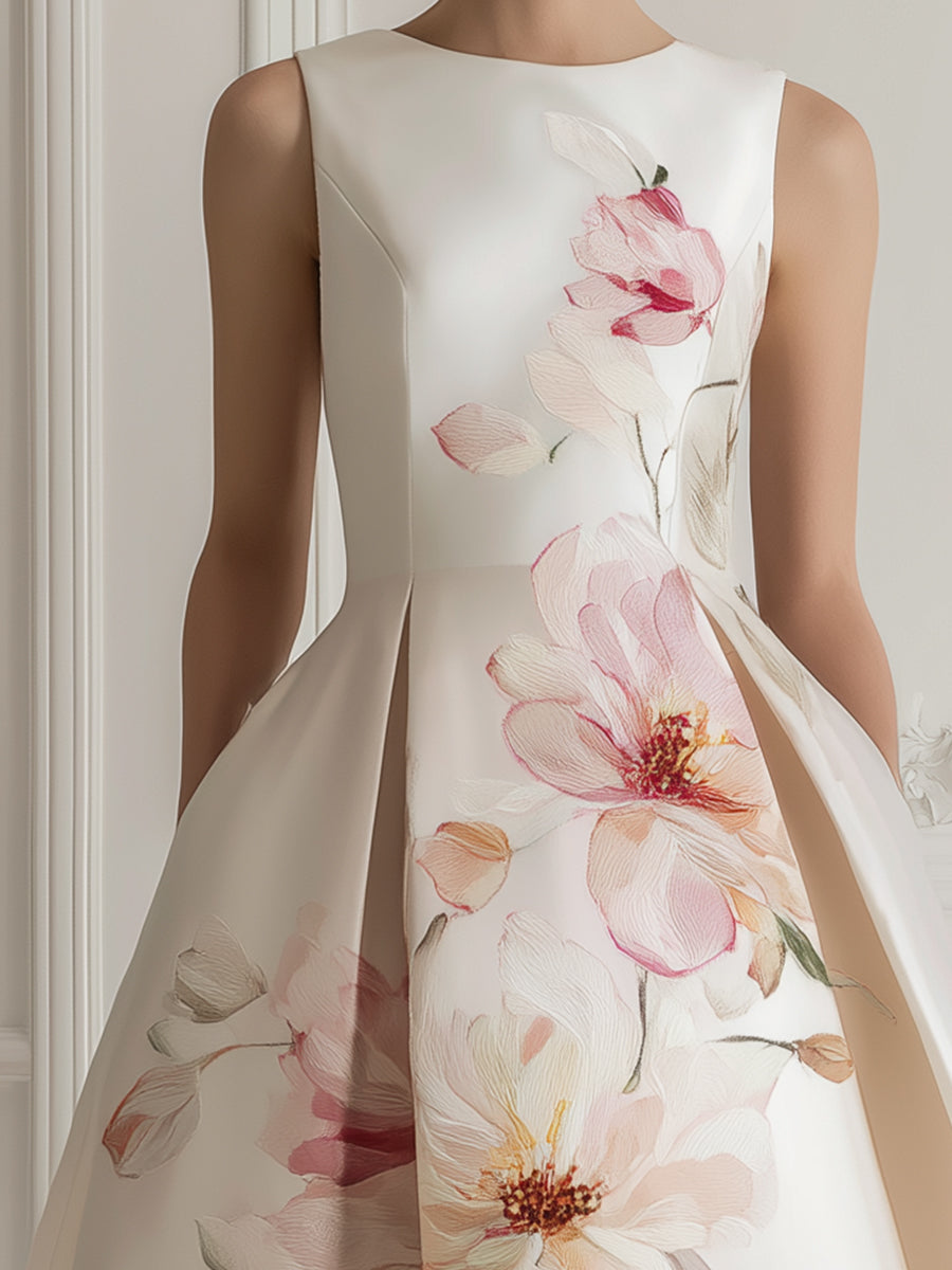 Sleeveless Floral Placement Structured A-Line Midi Dress