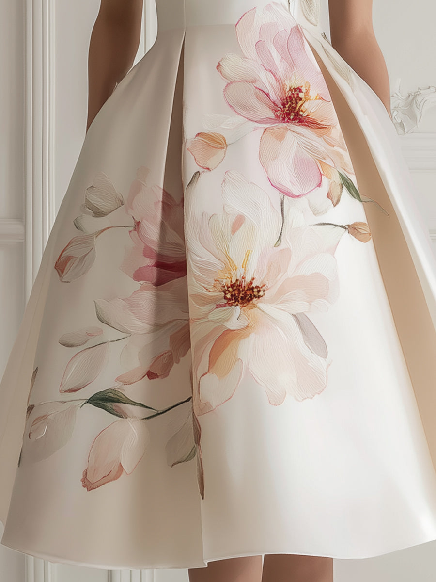 Sleeveless Floral Placement Structured A-Line Midi Dress