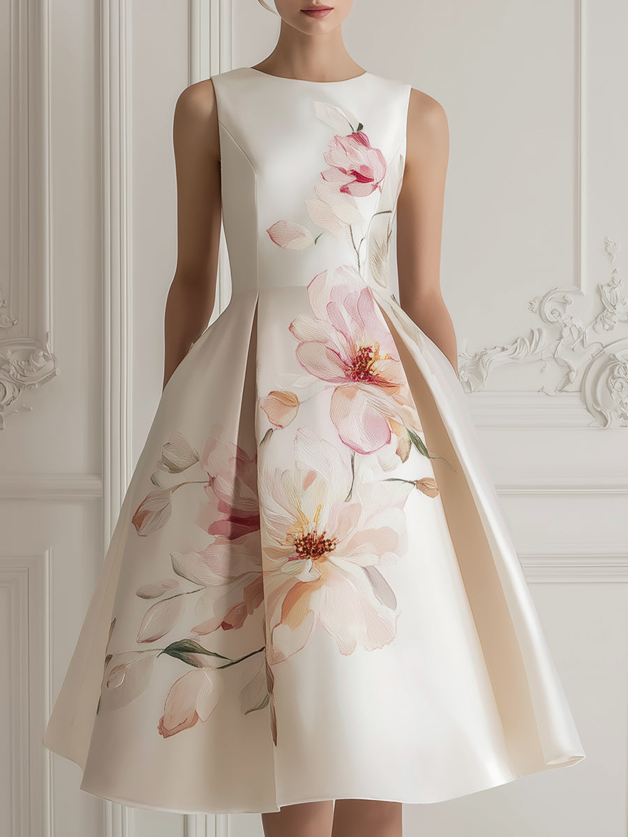 Sleeveless Floral Placement Structured A-Line Midi Dress