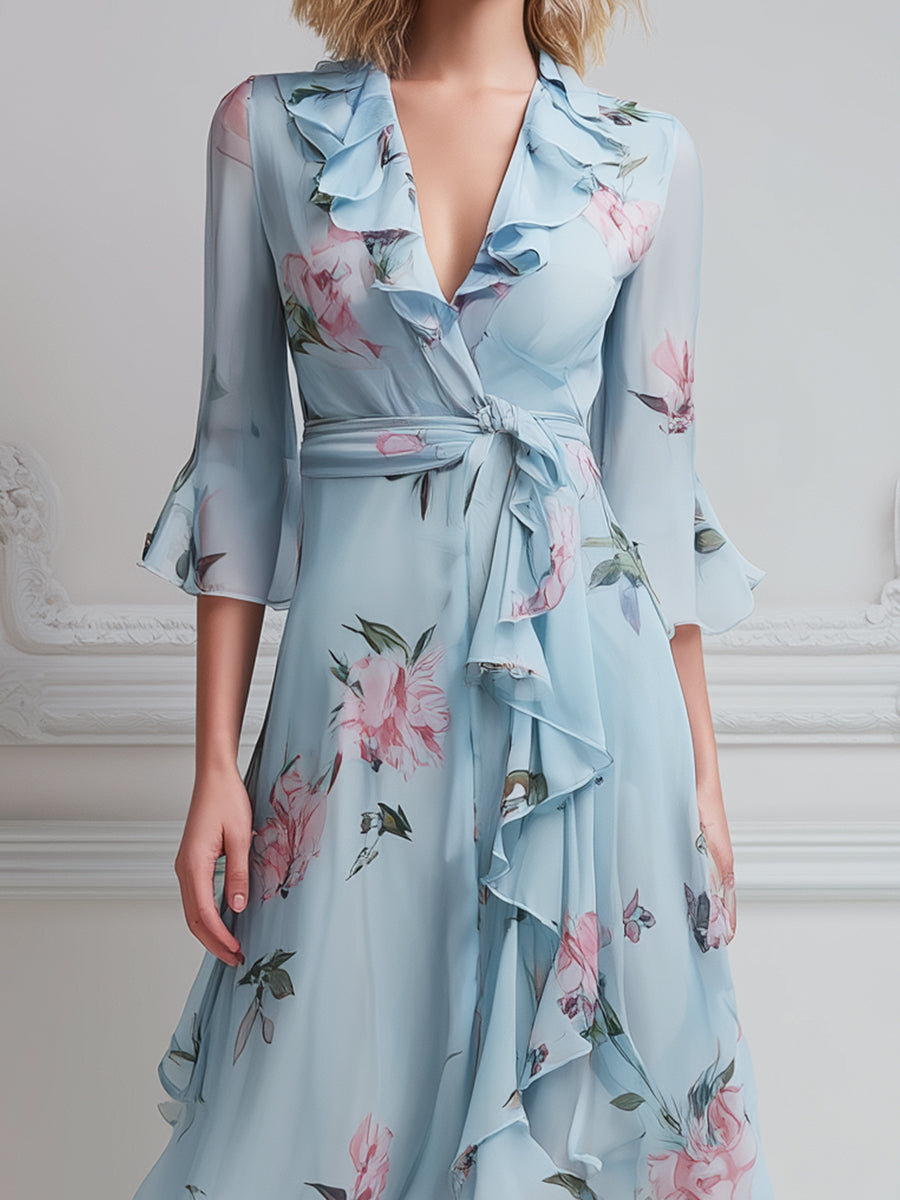 Floral Ruffle Wrap High-Low Chiffon Midi Dress