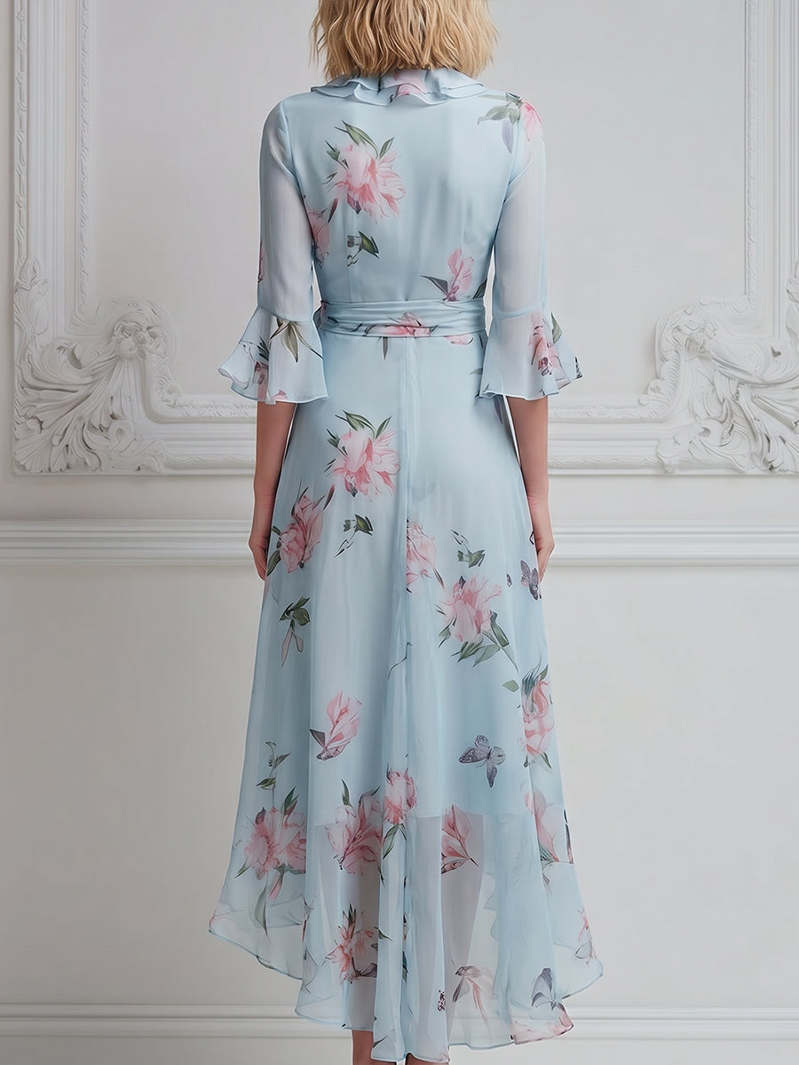 Floral Ruffle Wrap High-Low Chiffon Midi Dress