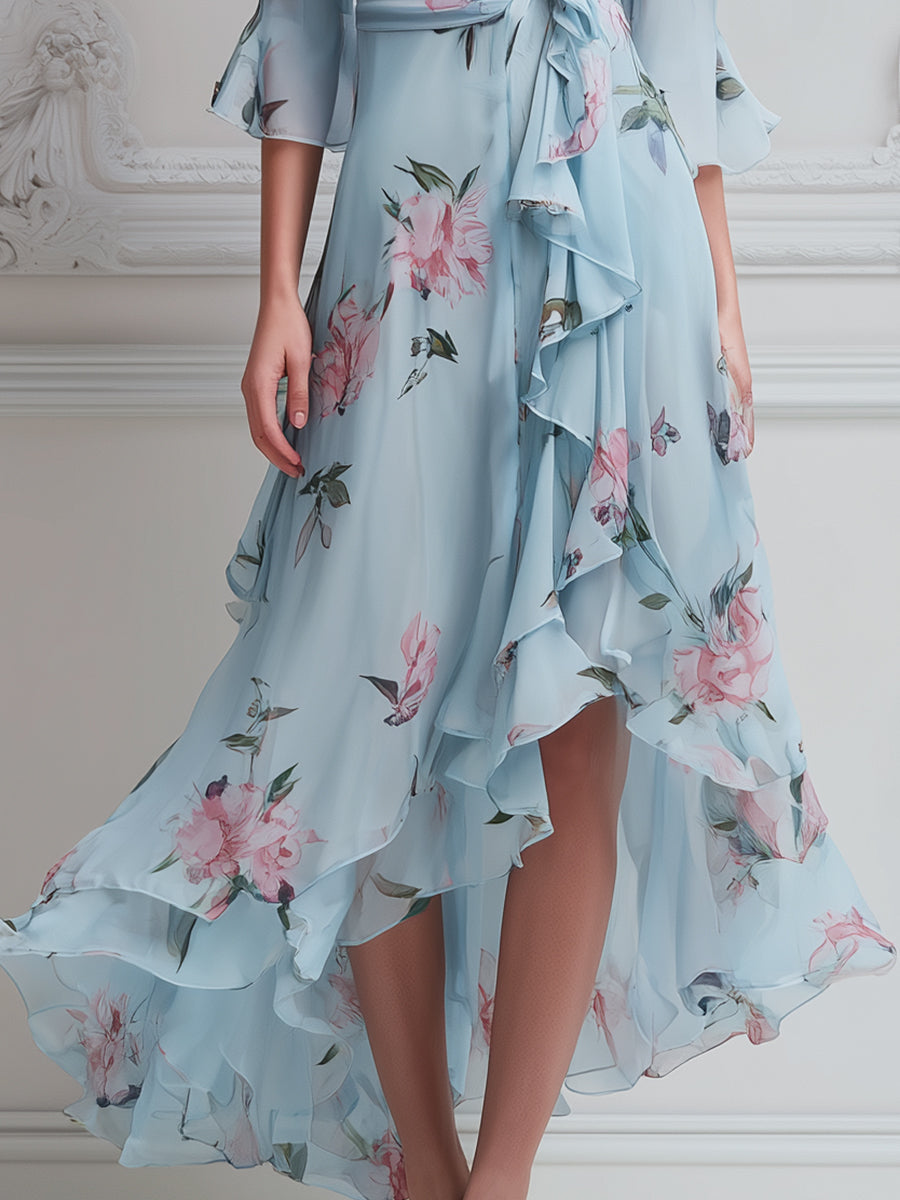 Floral Ruffle Wrap High-Low Chiffon Midi Dress