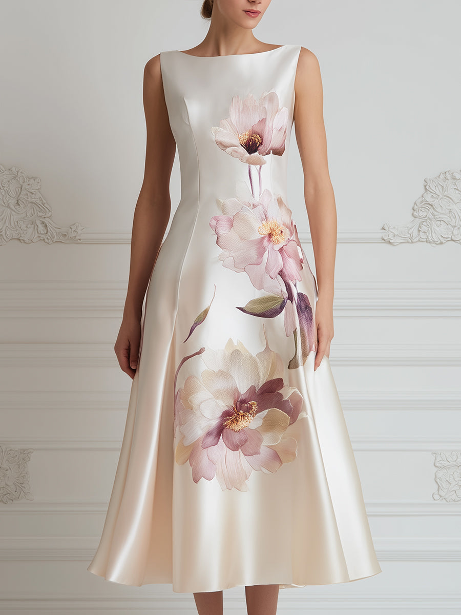 Floral Print Sleeveless Boat Neck A-Line Midi Dress