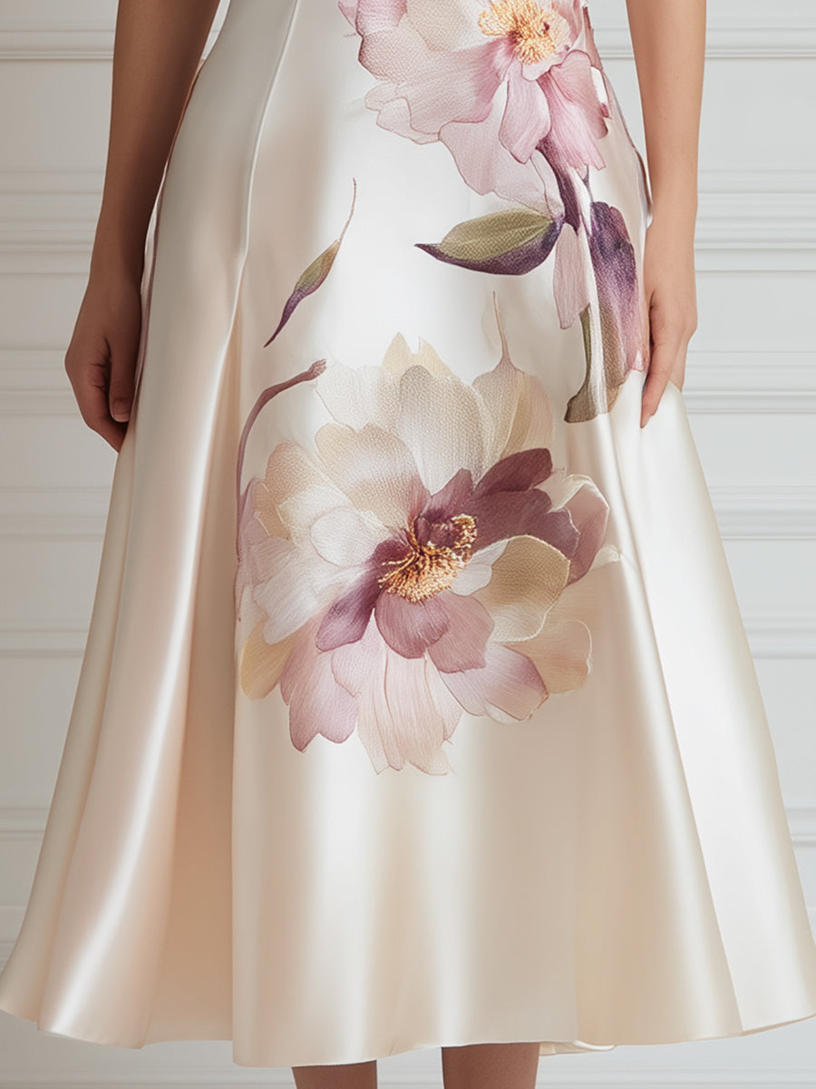 Floral Print Sleeveless Boat Neck A-Line Midi Dress