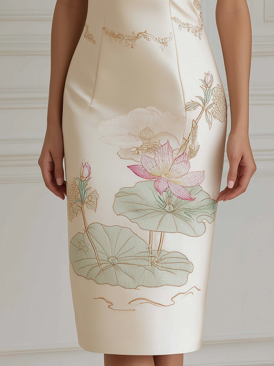 Halter Neck Botanical Print Sheath Midi Dress