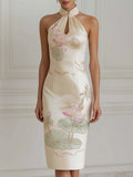 Halter Neck Botanical Print Sheath Midi Dress