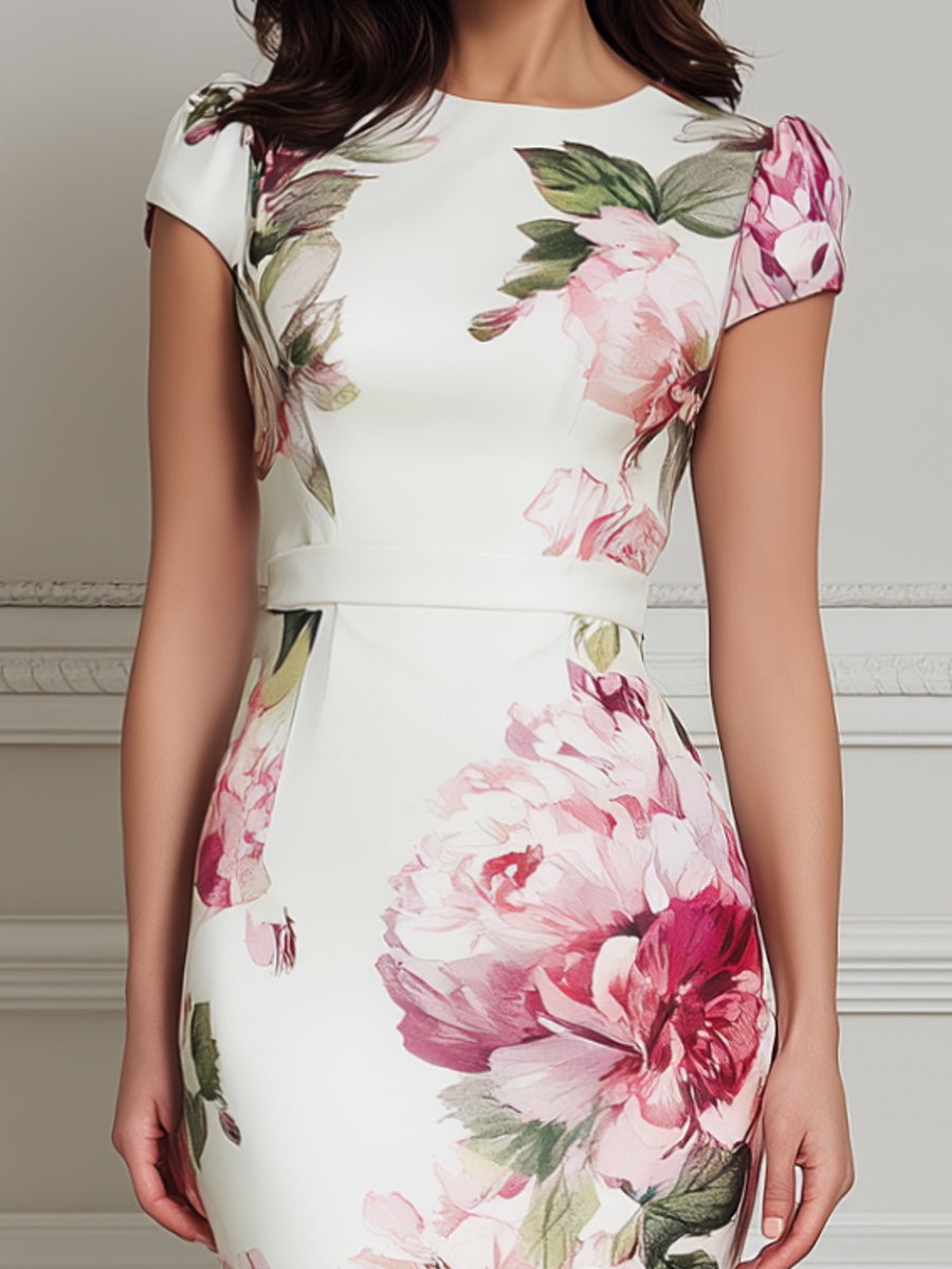 Floral Print Cap Sleeve Sheath Midi Dress