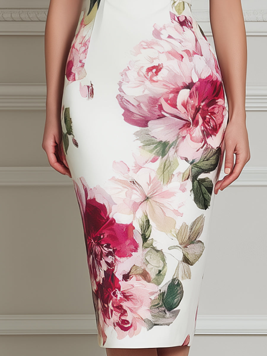 Floral Print Cap Sleeve Sheath Midi Dress