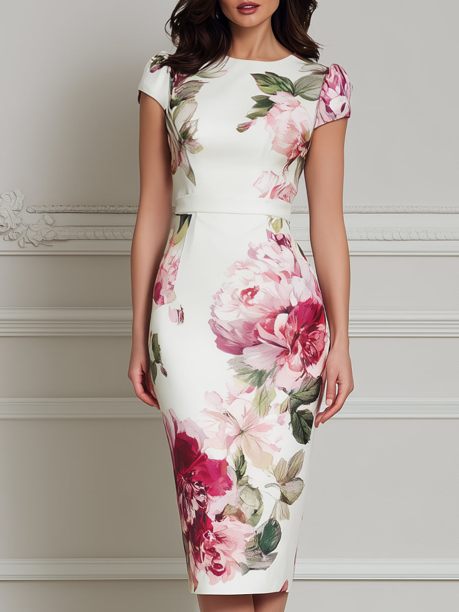 Floral Print Cap Sleeve Sheath Midi Dress