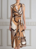 Printed Wrap Style Asymmetric Midi Dress