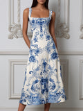 Porcelain Print Square Neck A-Line Midi Dress