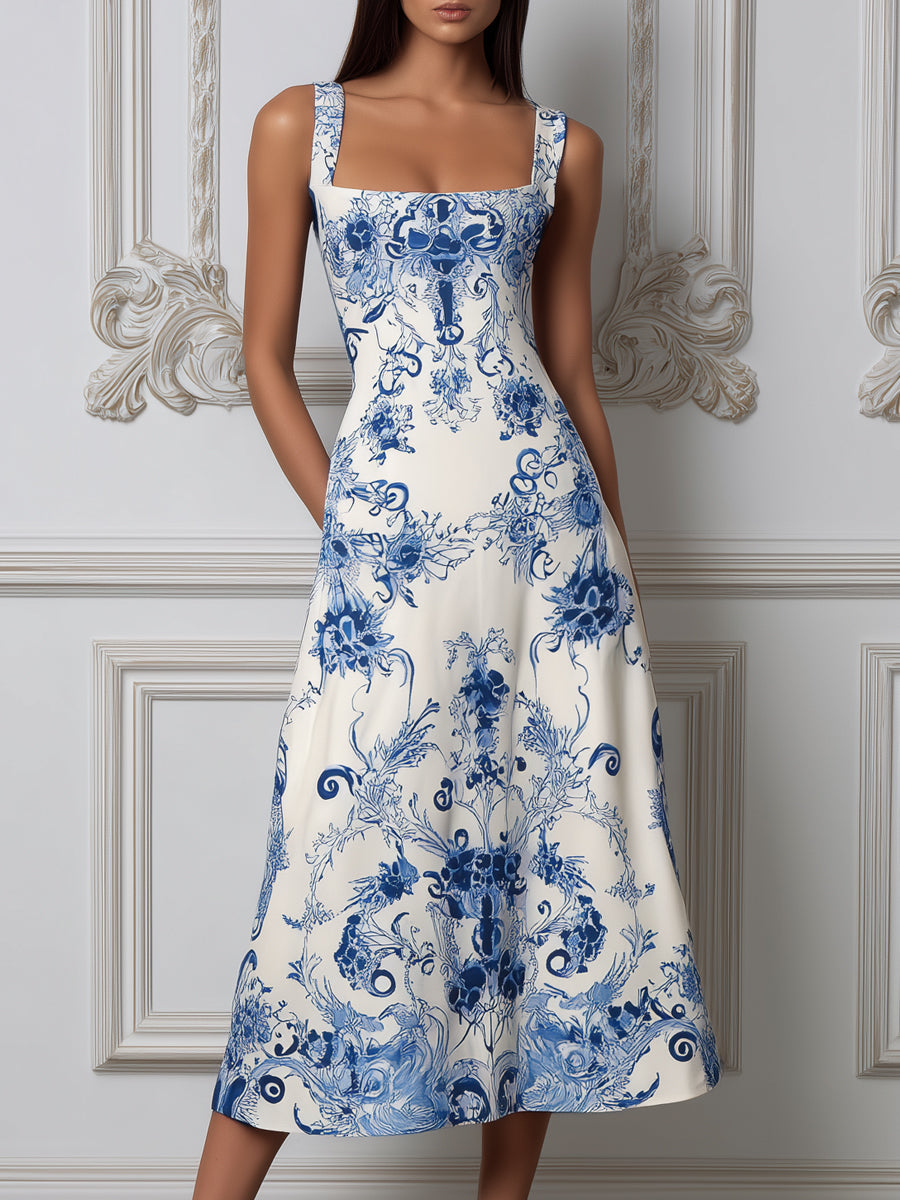 Porcelain Print Square Neck A-Line Midi Dress