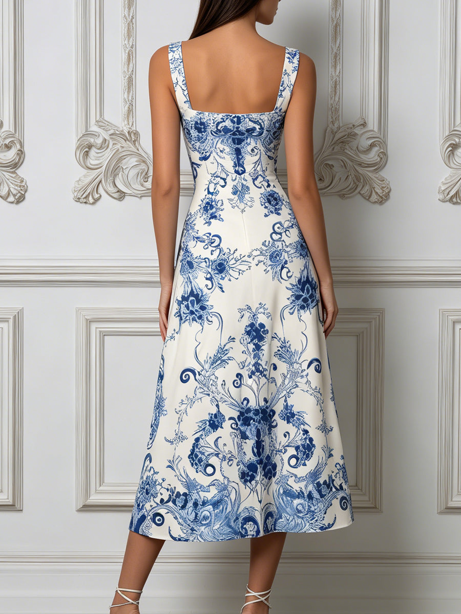 Porcelain Print Square Neck A-Line Midi Dress