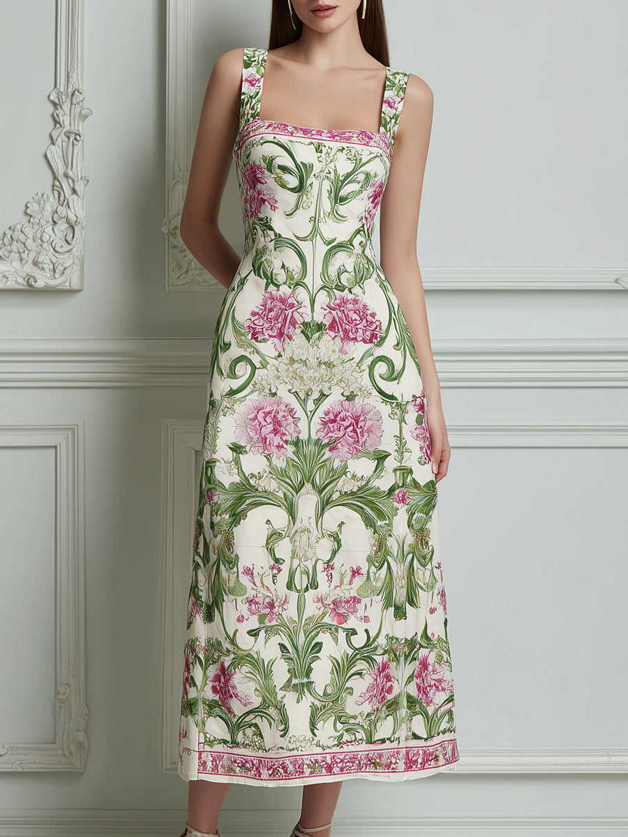 Pink Green Floral Scroll Print Square Neck Midi Dress