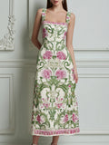 Pink Green Floral Scroll Print Square Neck Midi Dress