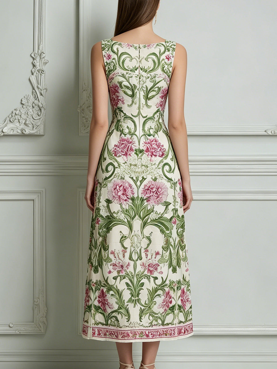 Pink Green Floral Scroll Print Square Neck Midi Dress