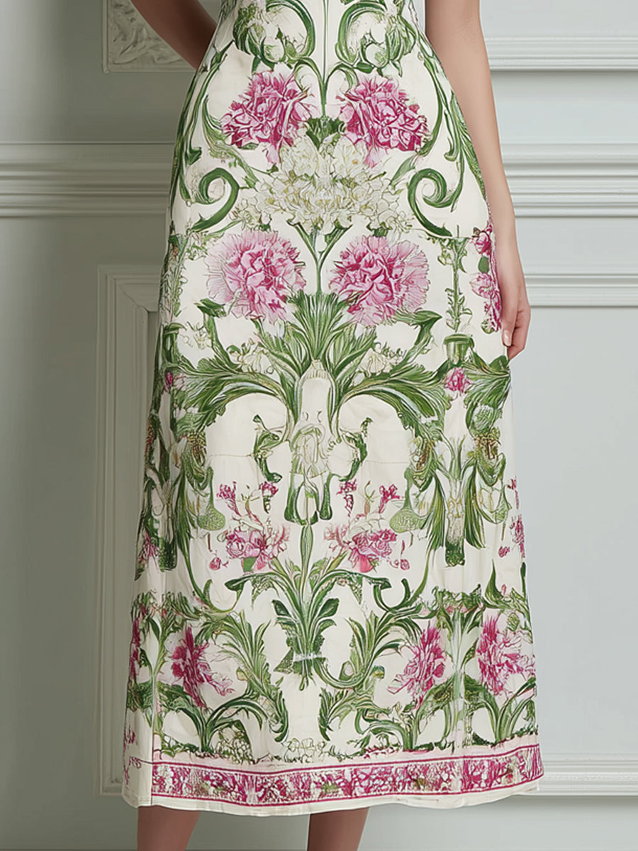 Pink Green Floral Scroll Print Square Neck Midi Dress