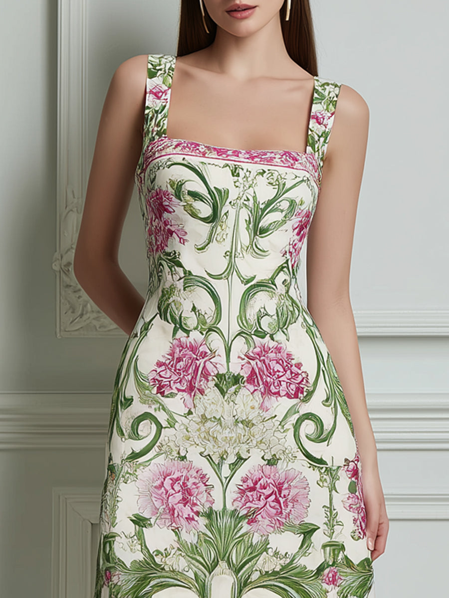 Pink Green Floral Scroll Print Square Neck Midi Dress