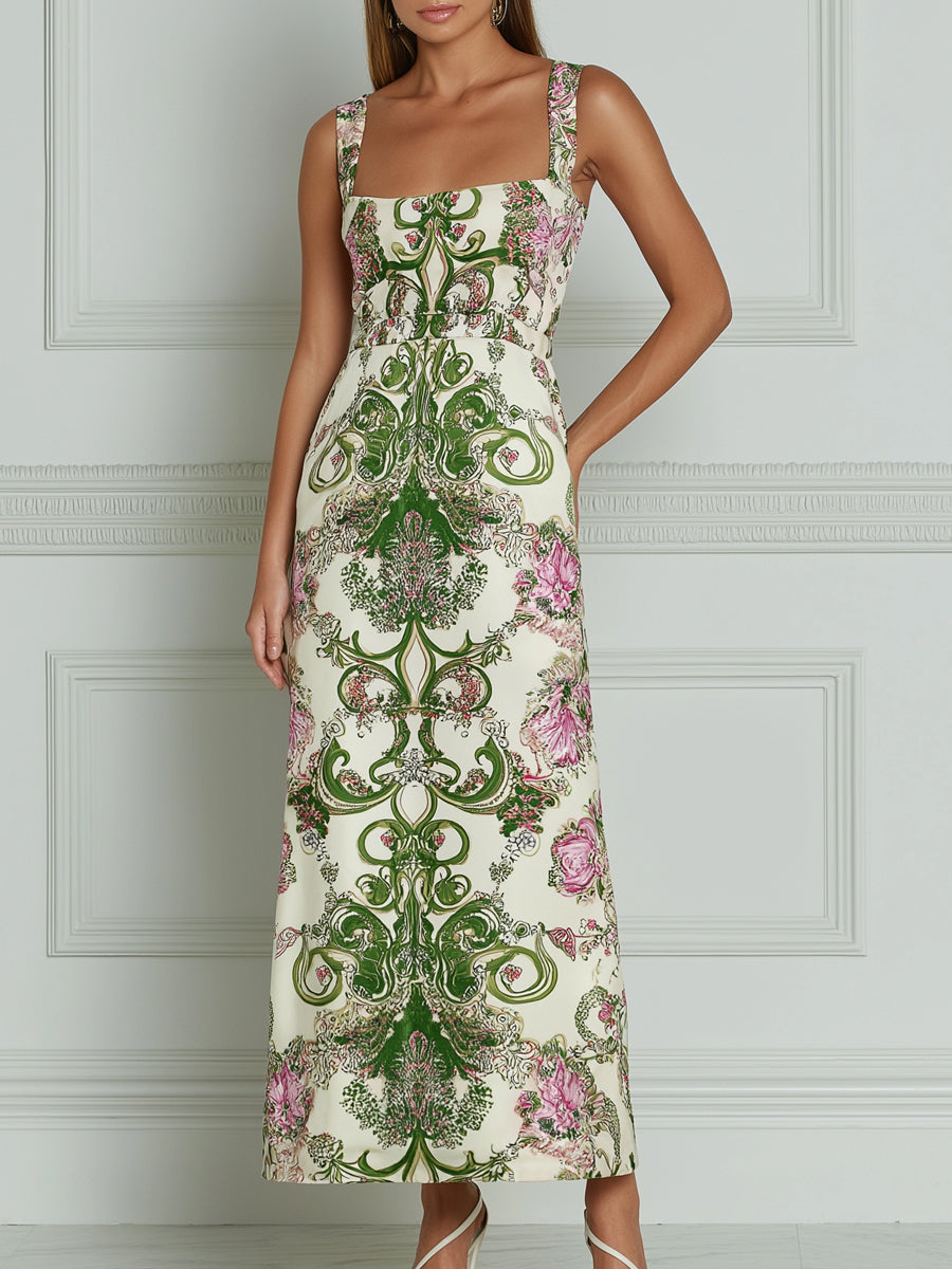 Green Baroque Floral Print Square Neck Maxi Dress