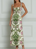 Green Baroque Floral Print Square Neck Maxi Dress