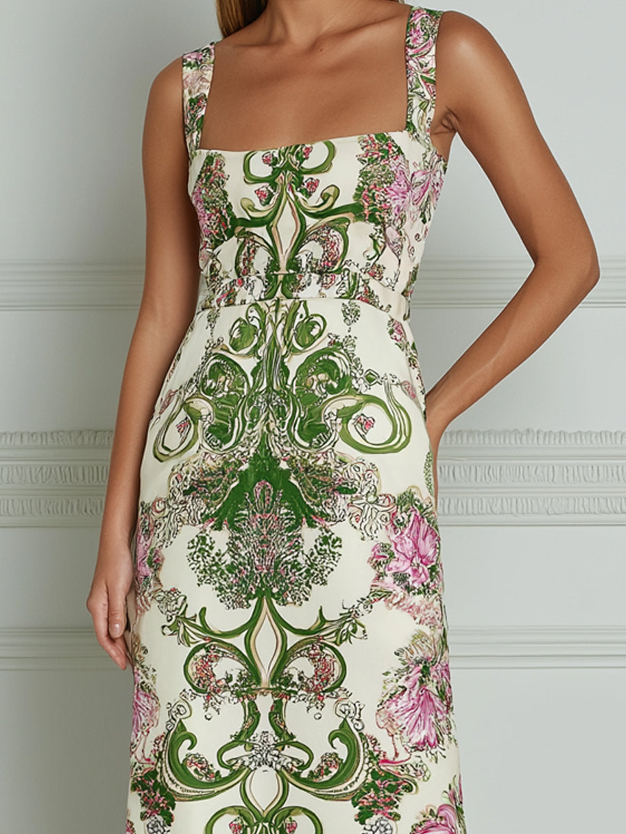Green Baroque Floral Print Square Neck Maxi Dress