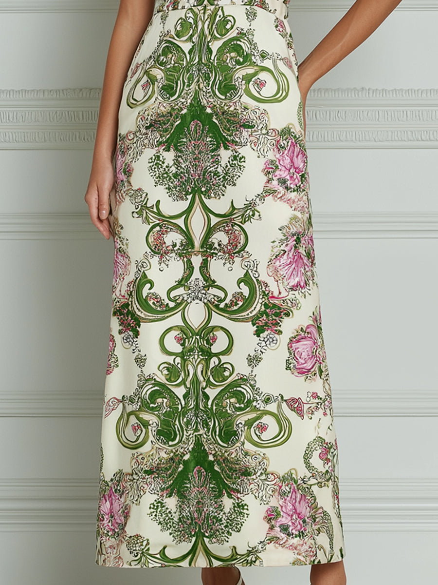 Green Baroque Floral Print Square Neck Maxi Dress
