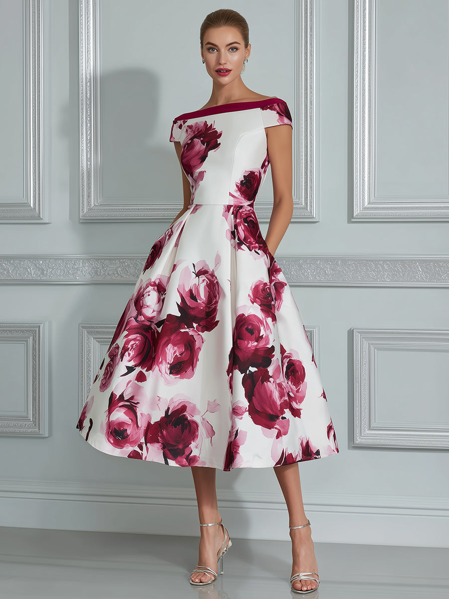 Vintage-Inspired Floral Off-the-Shoulder Midi Dress