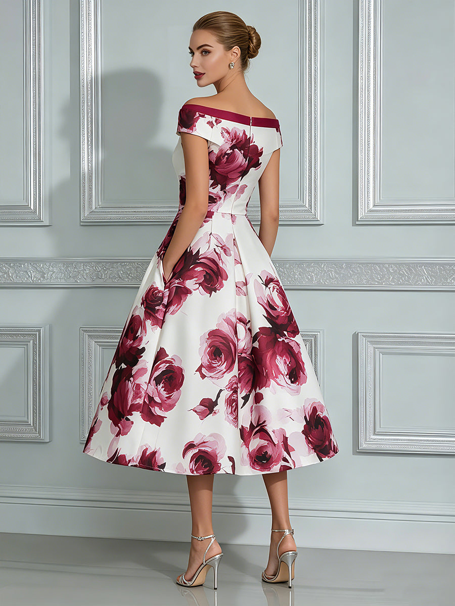 Vintage-Inspired Floral Off-the-Shoulder Midi Dress