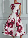 Vintage-Inspired Floral Off-the-Shoulder Midi Dress