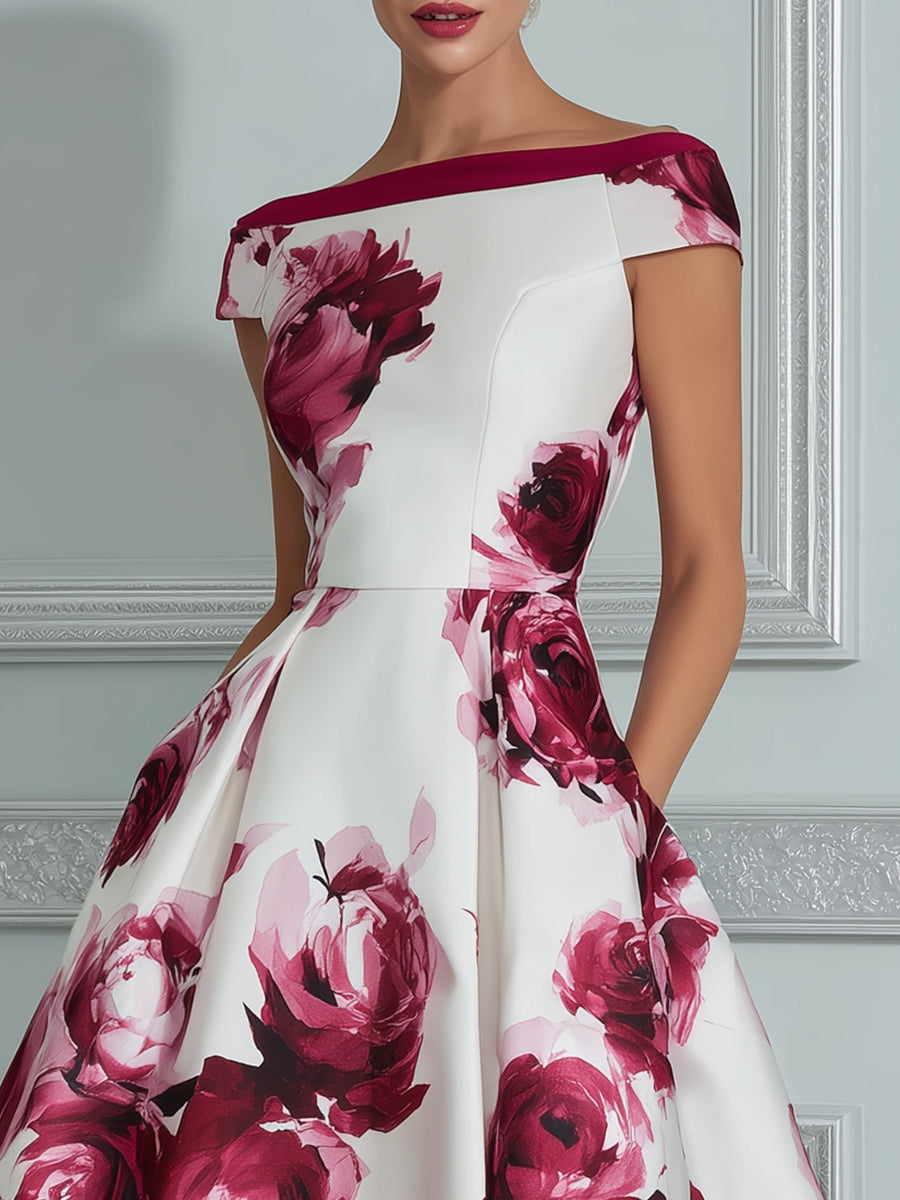 Vintage-Inspired Floral Off-the-Shoulder Midi Dress