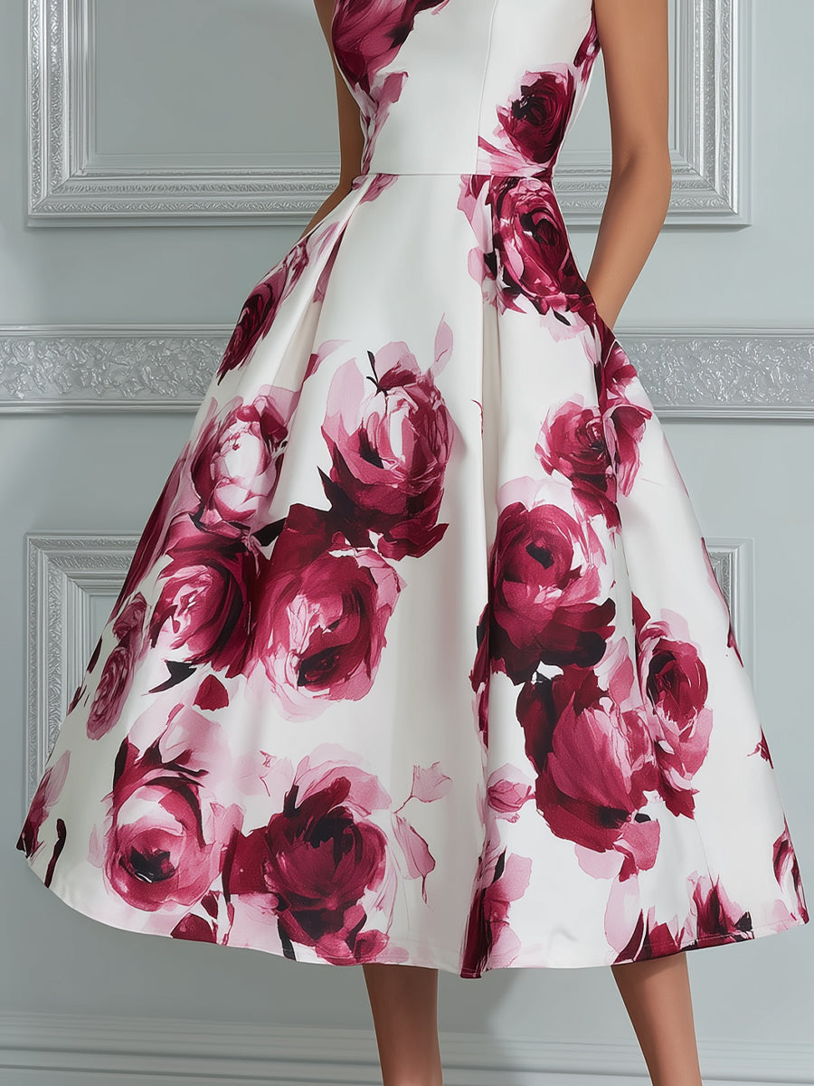 Vintage-Inspired Floral Off-the-Shoulder Midi Dress