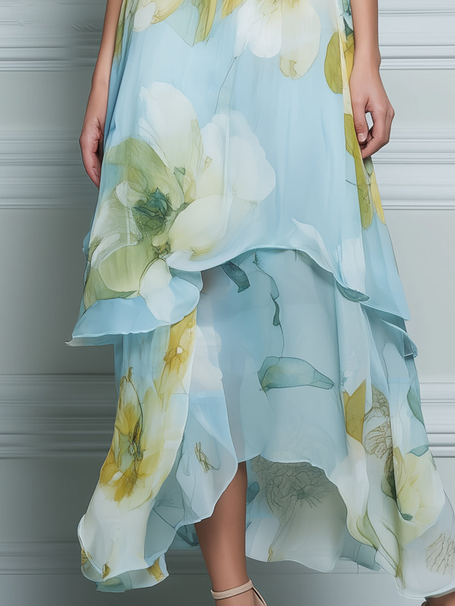 Halter Neck Layered Floral High-Low Maxi Dress