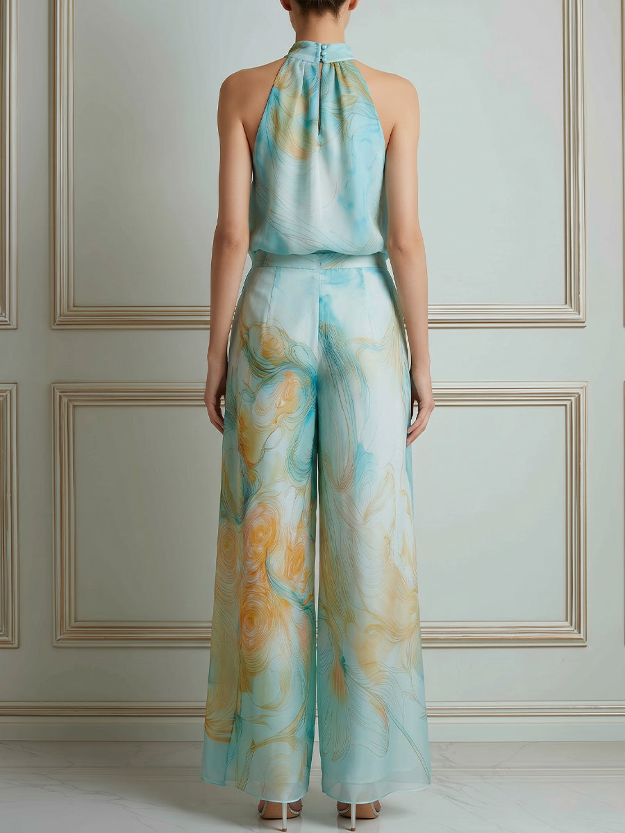 Halter Neck Printed Top And Wide Leg Pants Set