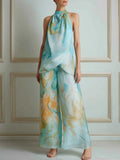 Halter Neck Printed Top And Wide Leg Pants Set