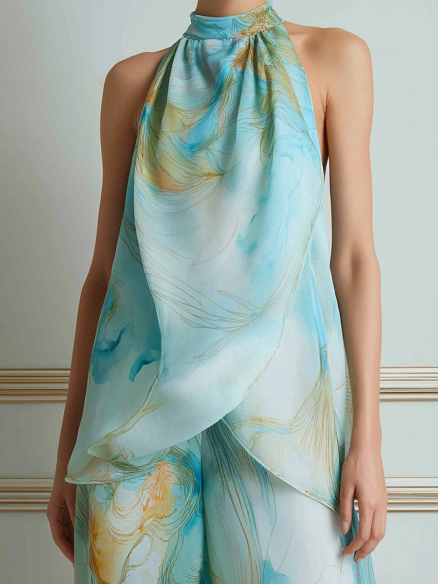 Halter Neck Printed Top And Wide Leg Pants Set