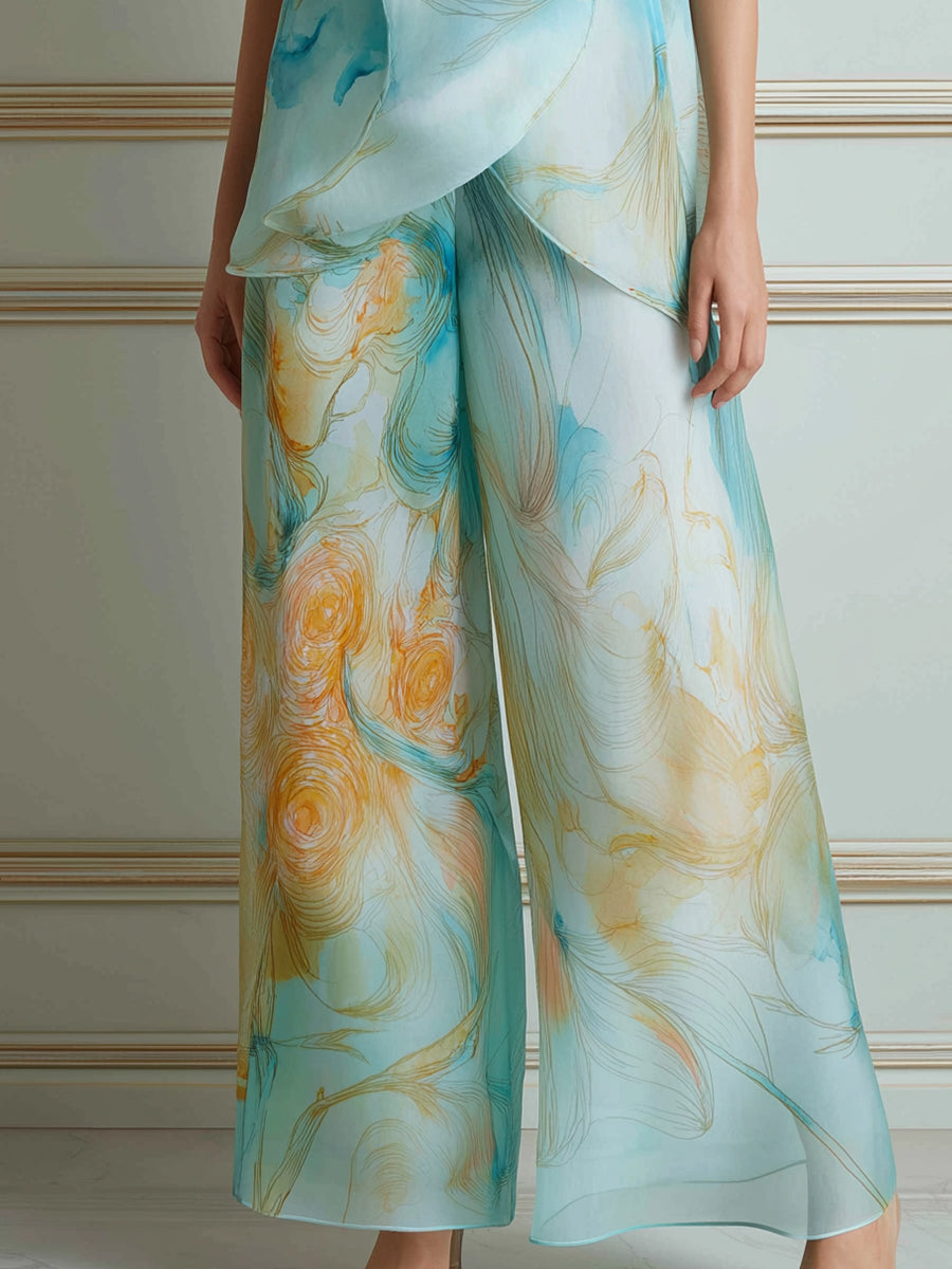 Halter Neck Printed Top And Wide Leg Pants Set