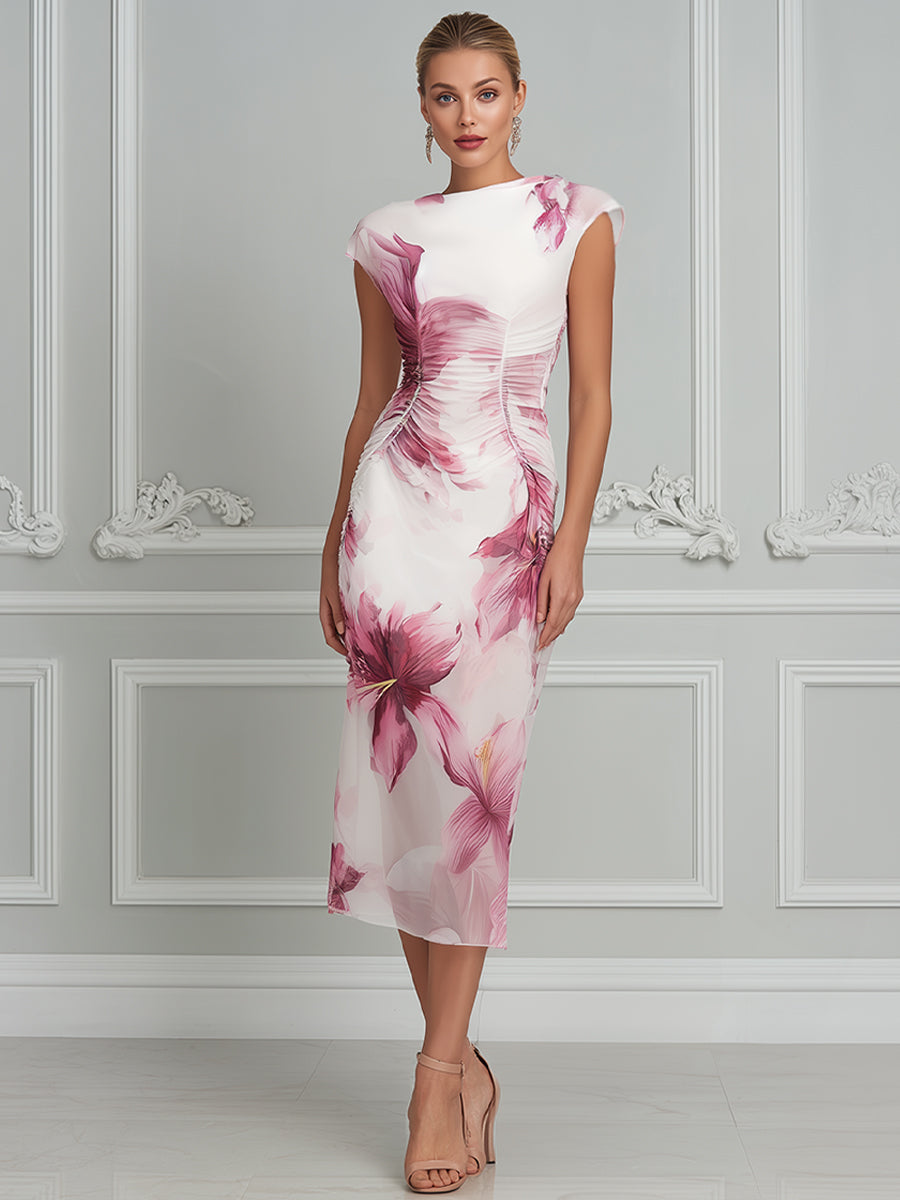 Sophisticated Floral Ruched Midi Dress