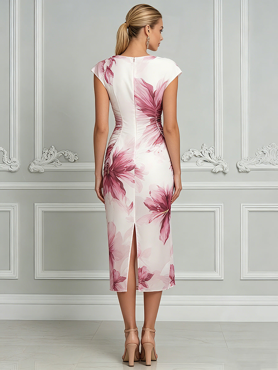 Sophisticated Floral Ruched Midi Dress