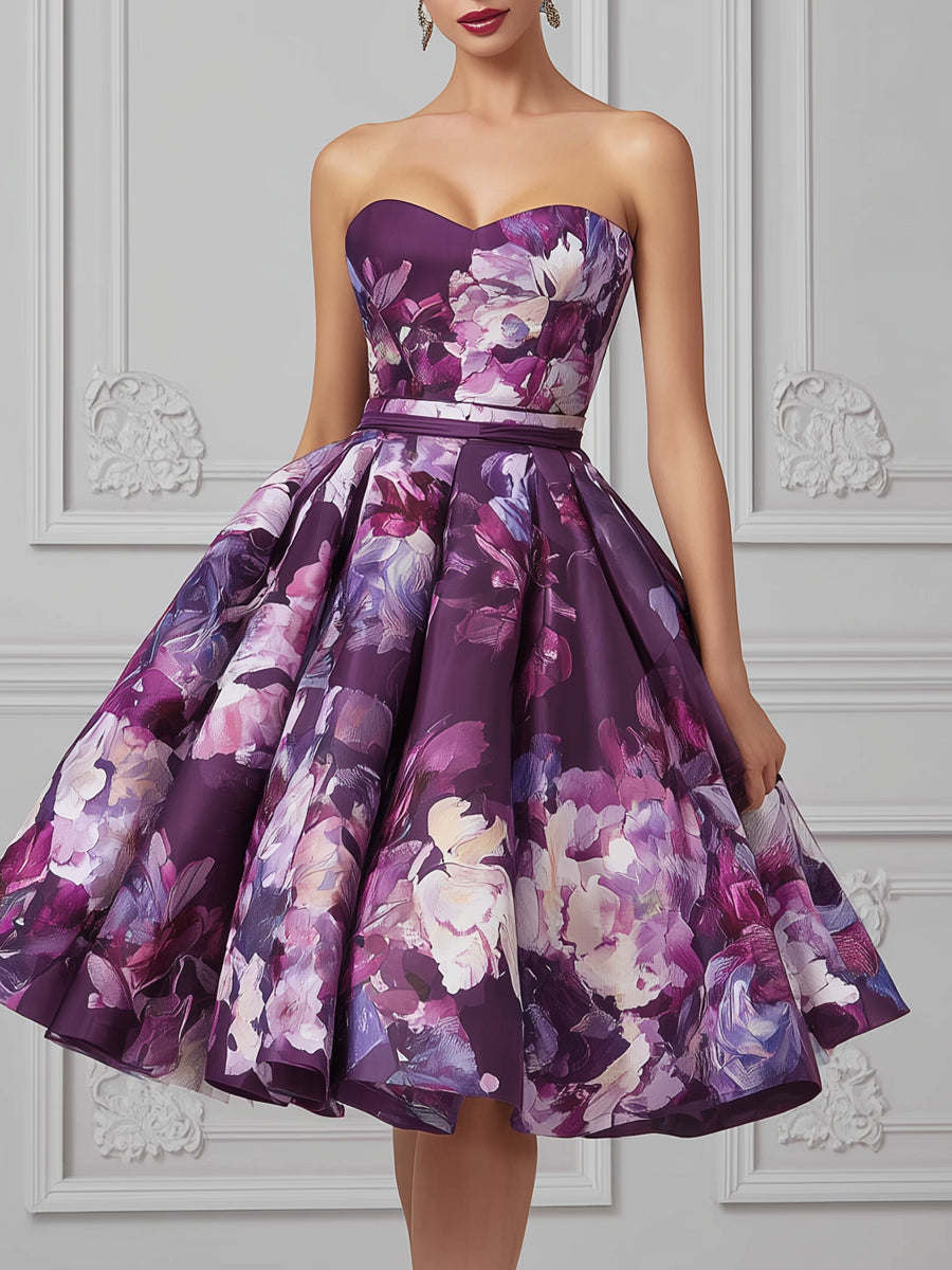 Strapless Sweetheart Purple Floral Print Midi Dress