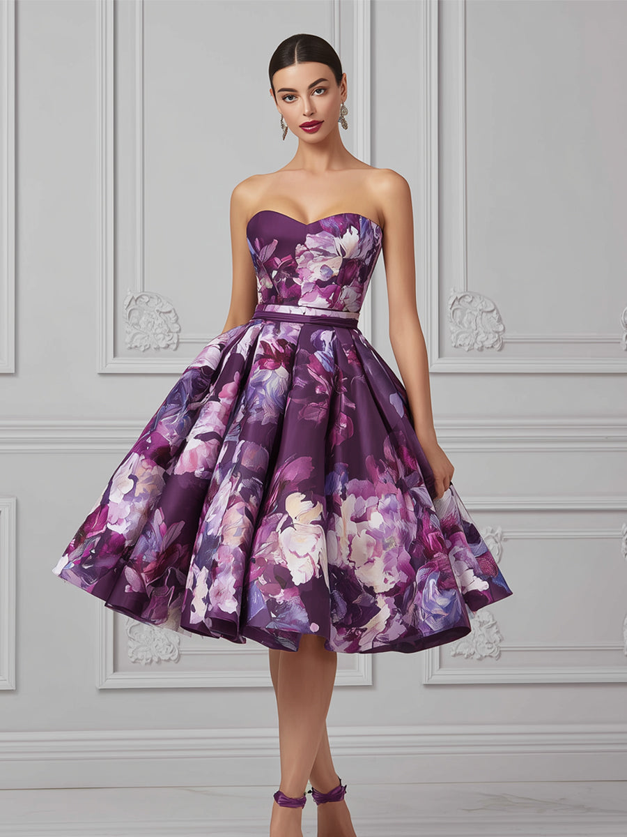 Strapless Sweetheart Purple Floral Print Midi Dress