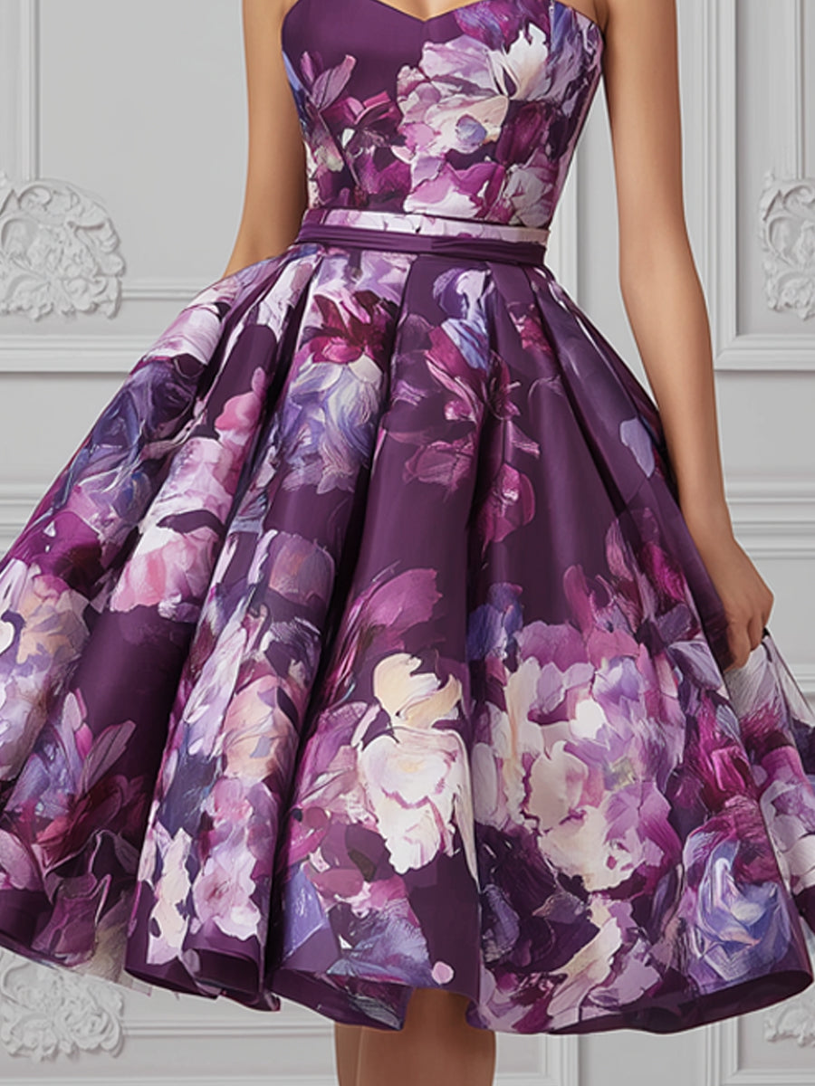 Strapless Sweetheart Purple Floral Print Midi Dress
