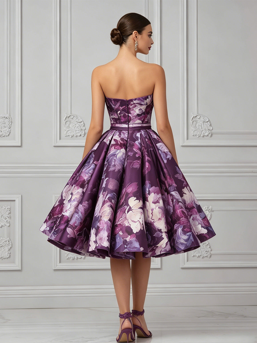 Strapless Sweetheart Purple Floral Print Midi Dress