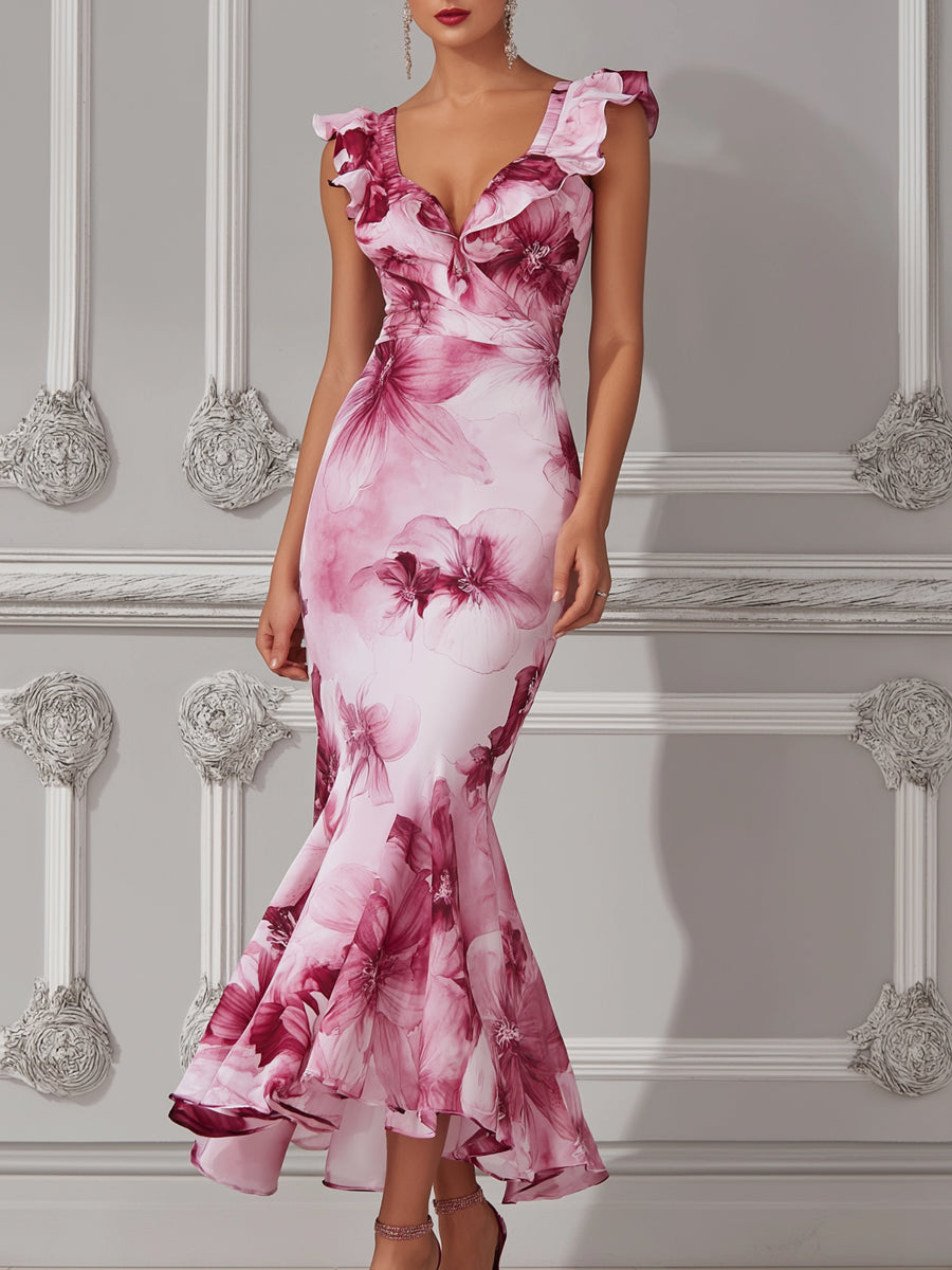 Ruffle Sleeve Wrap Pink Watercolor Floral Print Dress