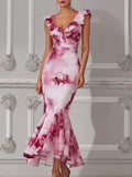Ruffle Sleeve Wrap Pink Watercolor Floral Print Dress