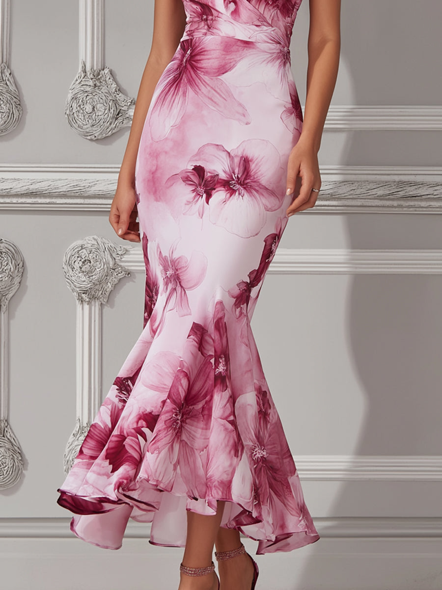 Ruffle Sleeve Wrap Pink Watercolor Floral Print Dress