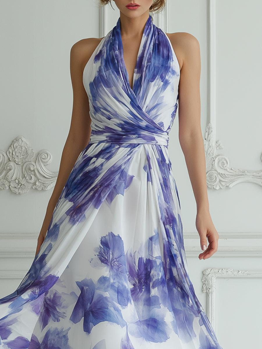 Halter Neck Wrap Watercolor Purple Floral Print Midi Dress