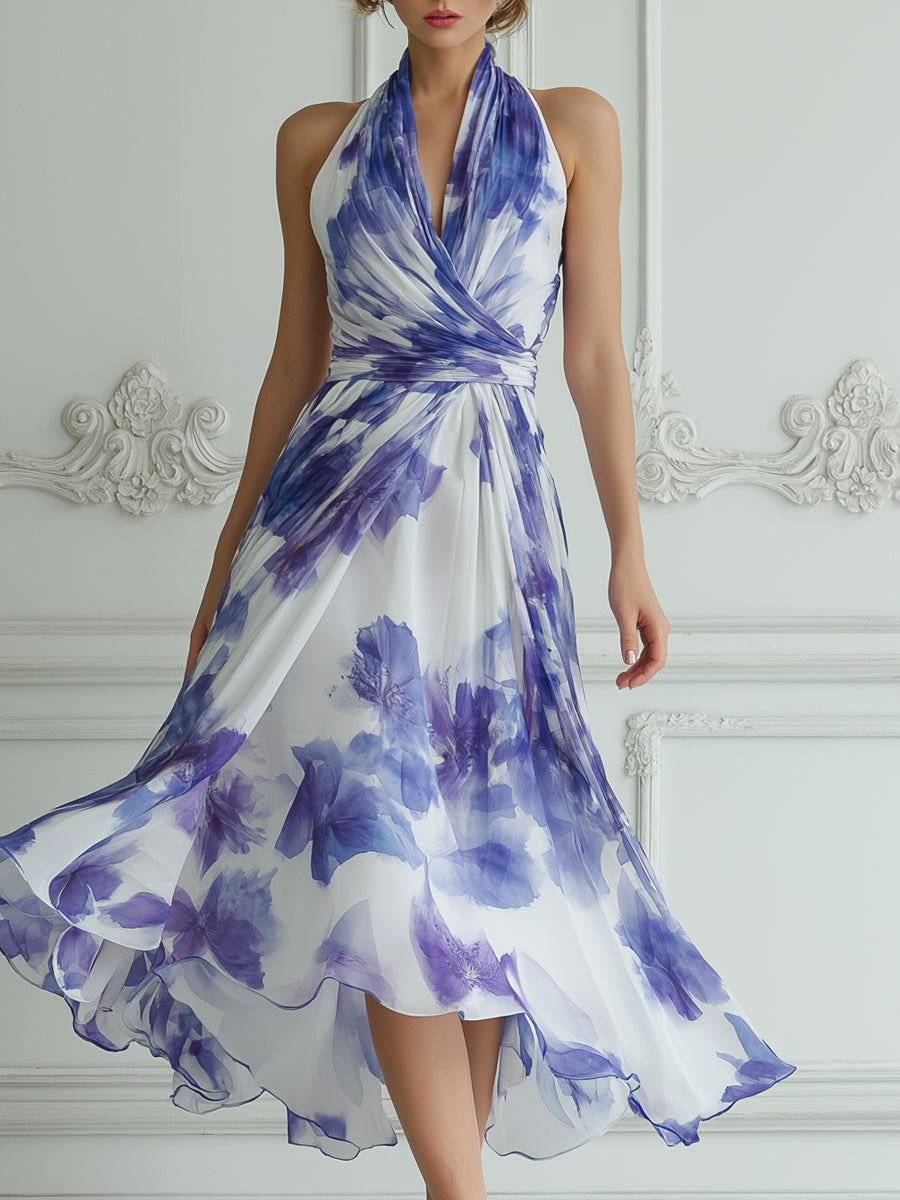 Halter Neck Wrap Watercolor Purple Floral Print Midi Dress