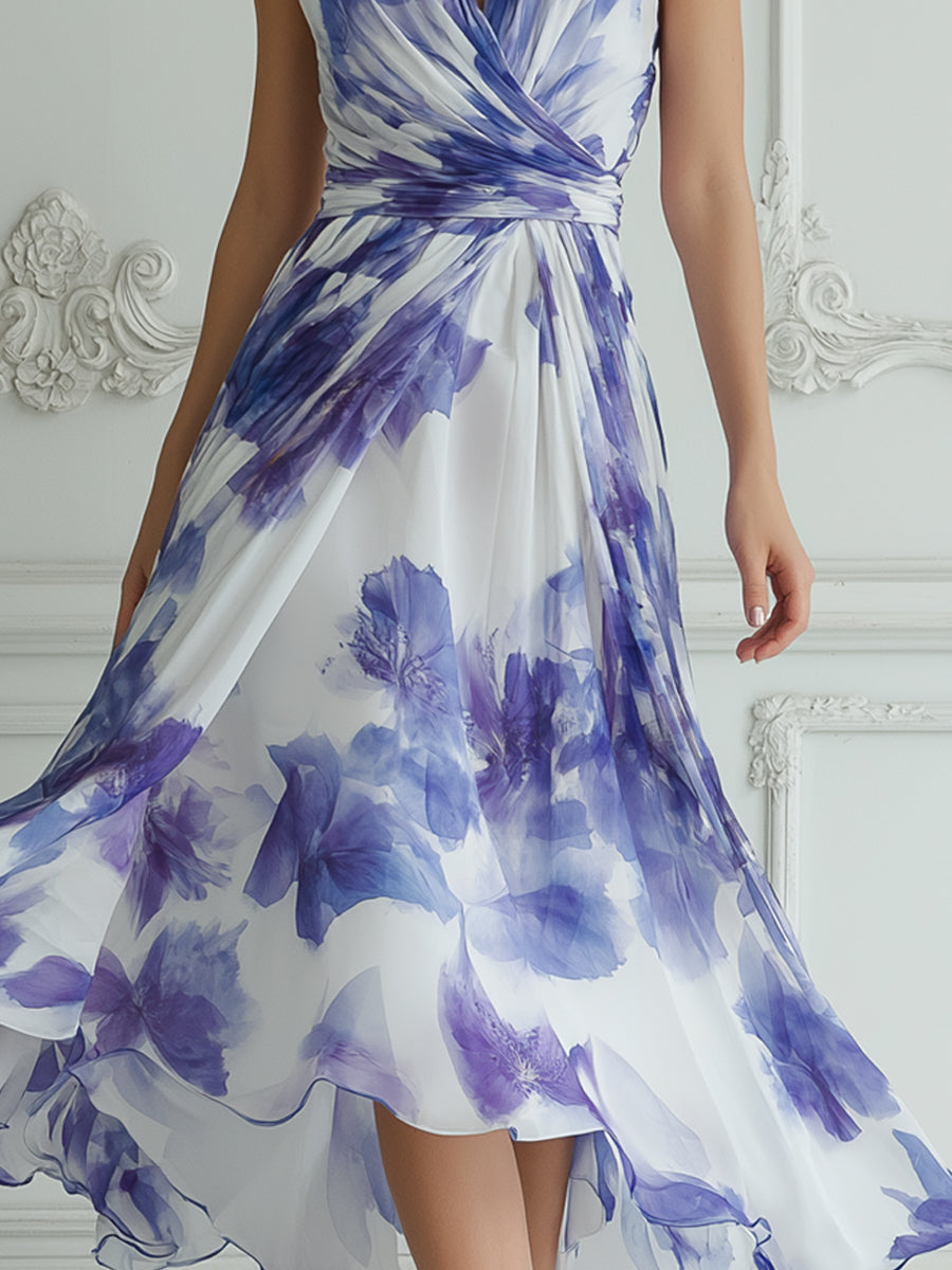Halter Neck Wrap Watercolor Purple Floral Print Midi Dress