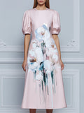 Round Neck Floral Puff Sleeve A-Line Midi Dress